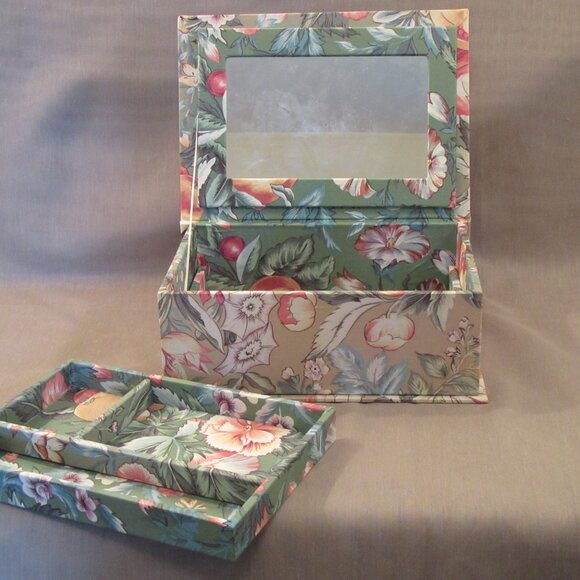 Floral Fabric Jewelry Box, Trinket Storage, with Mirror - Picture 4 of 5